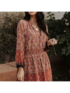 Bohme Bohemian Patterned Dress Sz. MED Fall, Floral, smocked waist